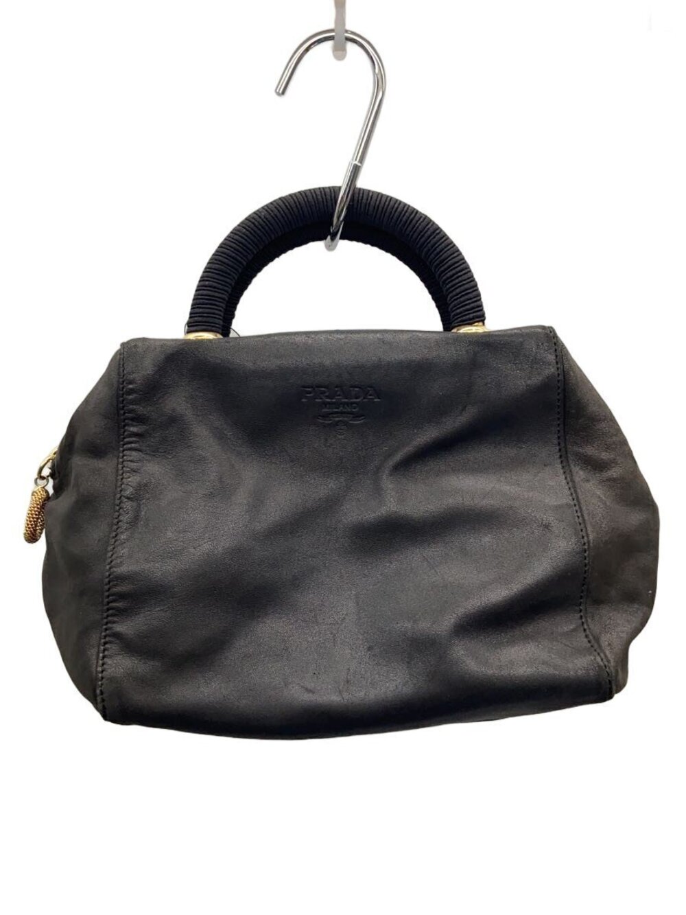 Prada black leather handbag textured top handle embossed Milano